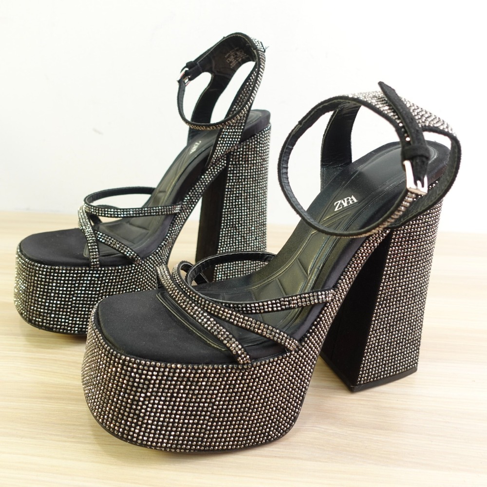 Sparkle Chunky Rhinestone Platform Heeled Sandals ZARA Womens 38 7 Black Glam